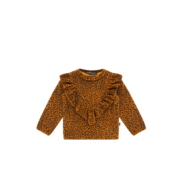 Front ruffled sweater golden brown leopard House of Jamie